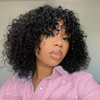 human wigs 200% density short kinky curly wave wig with bangs for black women 100% brazilian virgin human hair wigs machine made glueless wig natral black