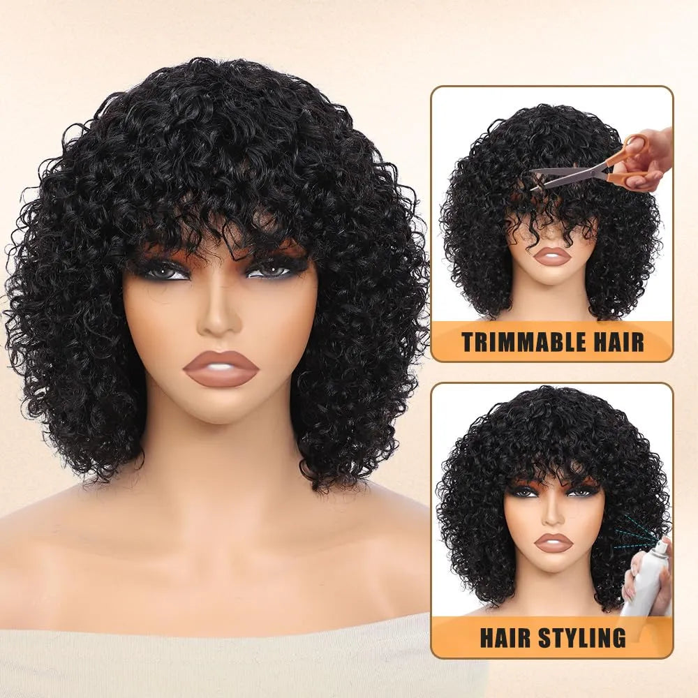 human wigs 200% density short kinky curly wave wig with bangs for black women 100% brazilian virgin human hair wigs machine made glueless wig natral black