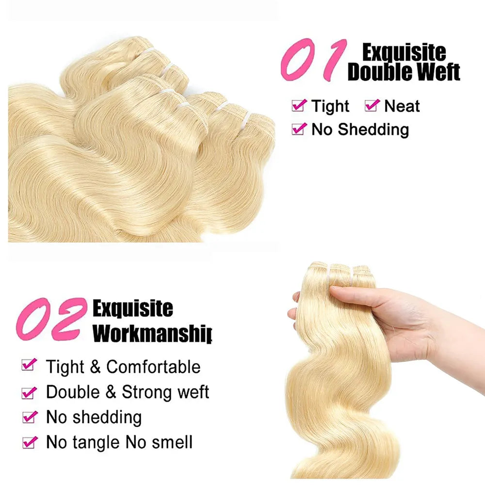 613 Bundles Blonde Human Hair Single Bundle 12-28 inch 3 Bundles Body Wave 100% Unprocessed 10A Brazilian Virgin 613 Human Hair Bundles 100g per bundle