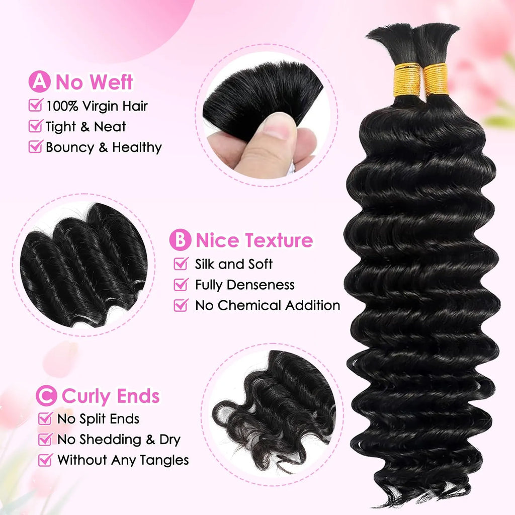 Cheveux humains à tresser pour tresses bohèmes, 45 cm (18 pouces), 100 g, 2 paquets/ensemble, bouclés, ondulés, 12A, brésiliens vierges, sans trame, sans nœuds, en vrac